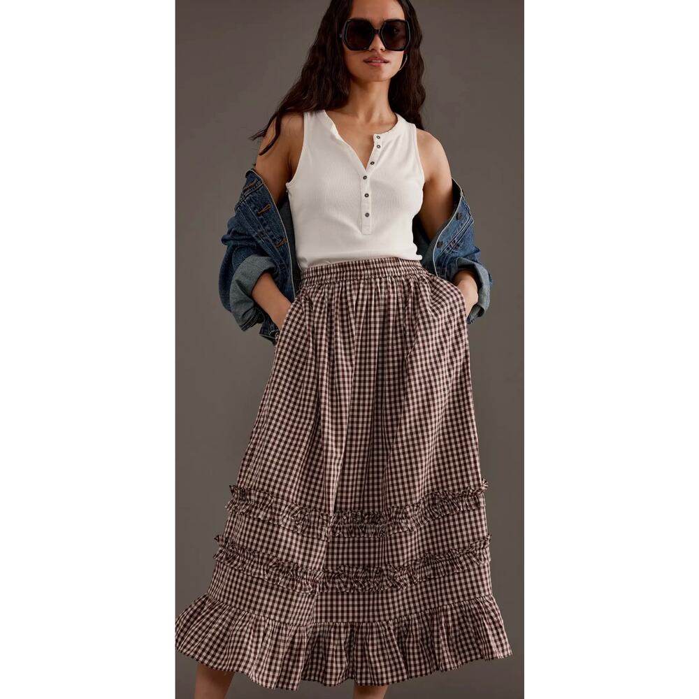 Damson Madder Rina Ruffle Midi Skirt Gingham Print Size US 6 - Picture 5 of 11